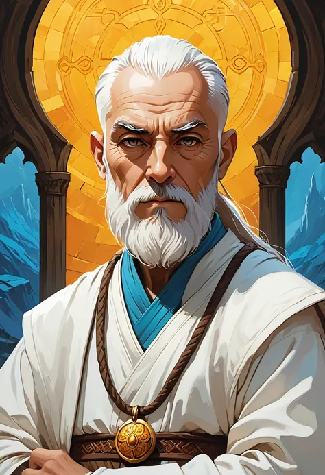 A roguelike Dungeons and Dragons theme-based image featuring an enchanting portrait of a bearded elderly monk cleric. He possesses handsome features that suggest a life of adventure and exploration. The background is a simple, stark white to accentuate the...