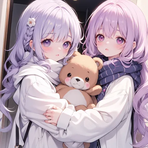 masterpiece, 最high quality, high quality, Super detailed, ((One girl)), Light purple hair, Long Wavy Hair, Fluffy hair, Purple eyes, anger, Mouth closed, ((blush)), Wearing a coat and scarf, Holding a teddy bear in his arms, Fluffy Moe Illustrations, Portr...