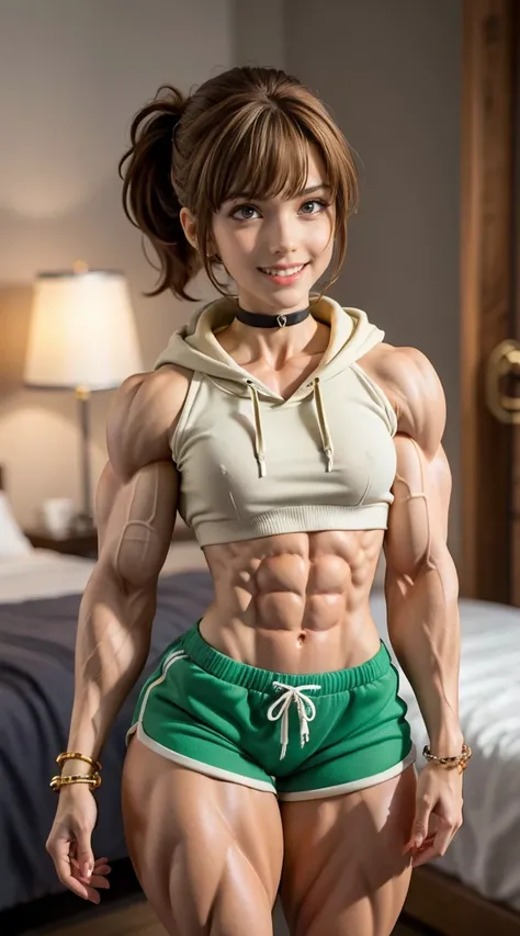 (Muscular:2.5), (thick thighs:1.9), 
(light brown haired latina, tan skin, green eyes, blunt bangs, ponytail:1.4), beauty mark, freckles,
detailed eyes, (big smile:1.6), detailed skin,
(small breasts:1.5),
(choker, green cropped hoodie, pajama shorts, brac...