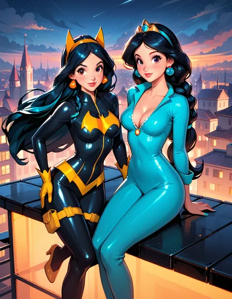 score_9, score_8_up, score_7_up, score_6_up, 2girls, BREAK (Disneys Princess Jasmine, black hair, braid:1.3), wearing (Marvels Black Cat suit, full body suit, black suit, cleavage:1.1), BREAK (Disneys Princess Ariel:1.5), wearing (Batgirl suit:1.2), BREAK ...