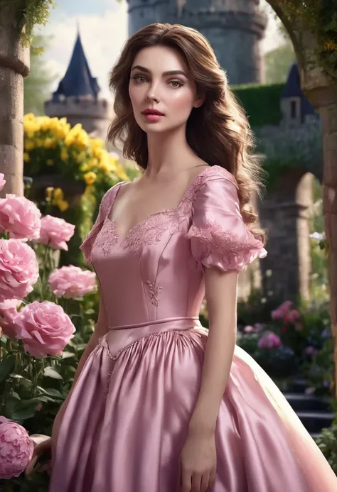 1 woman, inside a castle flower garden, wearing an elegant pink dress, , detailed facial features, thin eyebrows, brown feminine eyes, detailed fair skin, golden brown hair, dramatic lighting, cinematic composition, dark palette, dark colors, atmospheric h...