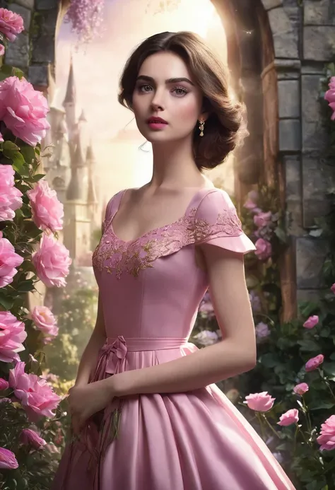 1 woman, inside a castle flower garden, wearing an elegant pink dress, , detailed facial features, thin eyebrows, brown feminine eyes, detailed fair skin, golden brown hair, dramatic lighting, cinematic composition, dark palette, dark colors, atmospheric h...