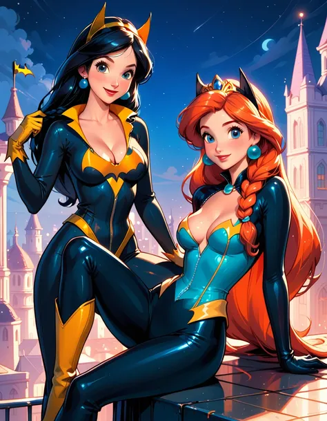 score_9, score_8_up, score_7_up, score_6_up, 2girls, BREAK (Disneys Princess Jasmine, black hair, braid, wearing Marvels Black Cat suit, full body suit, black suit, cleavage:1.3), BREAK (Disneys Princess Ariel, wearing Batgirl suit:1.5), BREAK sitting toge...