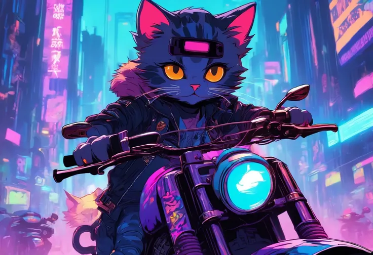 Concept Art, A cyberpunk kitten with boots riding on a Harley-Davidson,  moped with sunglasses, vector, psychedelic tshirt design