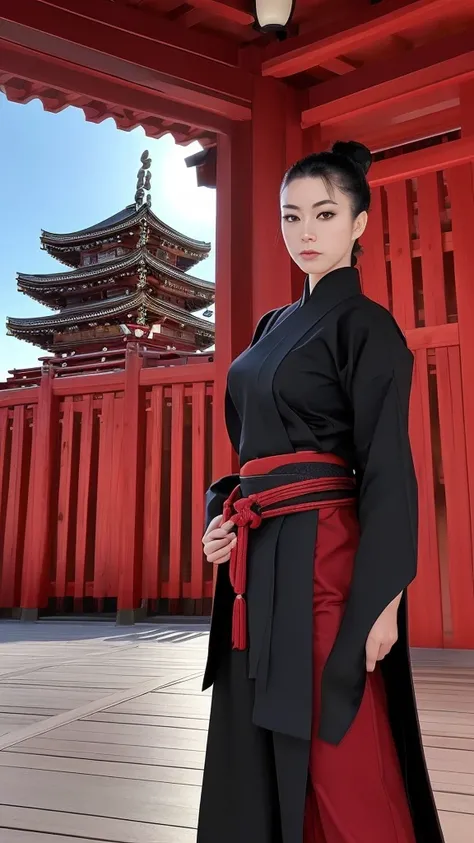 「Beautiful woman posing in Iaido、Behind him is the majestic view of the shrine.。A composition that shows her whole body、Sharp eyes glow red、Feel the mysterious power。」