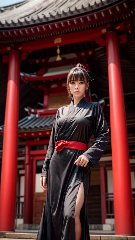 「Beautiful woman posing in Iaido、Behind him is the majestic view of the shrine.。A composition that shows her whole body、Sharp eyes glow red、Feel the mysterious power。」