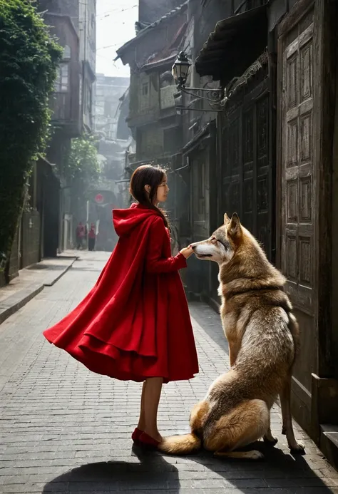 １０Woman in her 20s、Little Red Riding Hood、City、Have a smartphone、Run、Beauty、dress、profile、The wolf is beside me