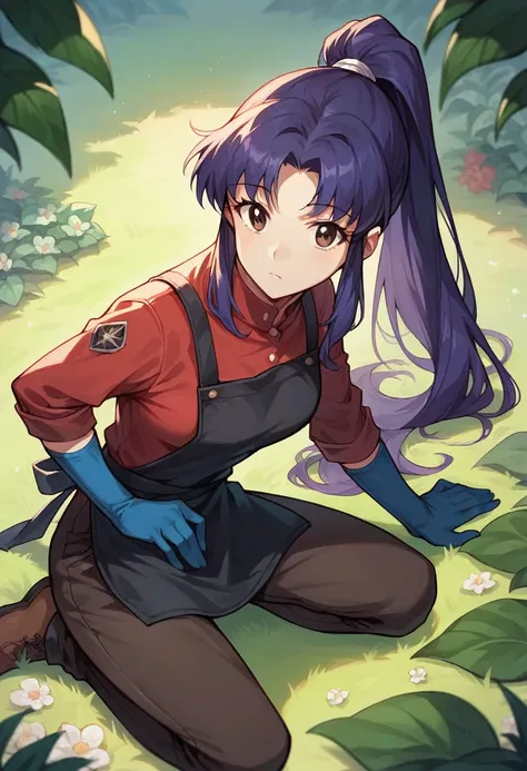 1girl, misato katsuragi, ponytail, ((blue half elbow gloves)), (red shirt), ((long sleeves)), (black apron), (pants), looking at viewer, plants flowers in the ground, in gloves, solo
