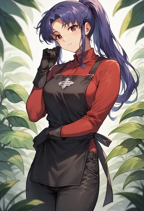 1girl, misato katsuragi, ponytail, ((blue half elbow gloves)), (red shirt), ((long sleeves)), (black apron), (pants), looking at viewer, plants flowers in the ground, in gloves, solo
