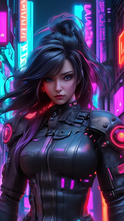 A beautiful cyberpunk girl in a black leather jacket, flowing silky hair, detailed face, piercing eyes, ambient neon city background, cinematic lighting, intricate machinery, glowing tech elements, hyper realistic, 8K, photorealistic, masterpiece