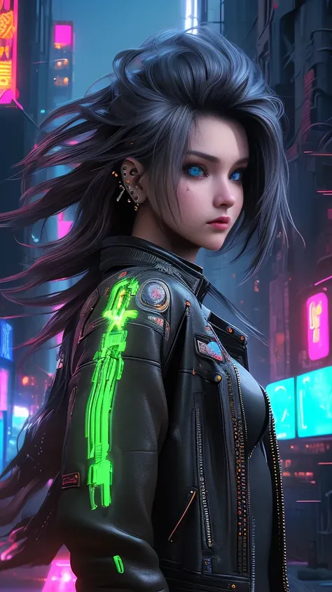 A beautiful cyberpunk girl in a black leather jacket, flowing silky hair, detailed face, piercing eyes, ambient neon city background, cinematic lighting, intricate machinery, glowing tech elements, hyper realistic, 8K, photorealistic, masterpiece