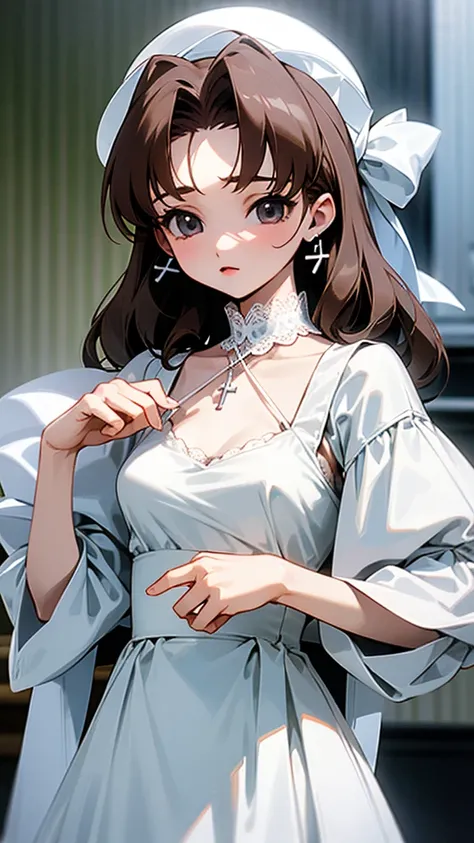 Akina Nakamori、(White lace dress).17 years old、cute、White cross necklace on chest、Gothic style、Small hat、sharp.cute、Beautiful woman、(Strong details).