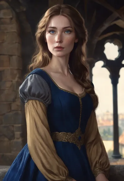 1 woman, inside a medieval era castle, wearing an elegant dark blue dress, detailed facial features, feminine blue-gray eyes, freckles on her face, detailed fair skin, golden brown hair, dramatic lighting, cinematic composition, dark palette, dark colors, ...