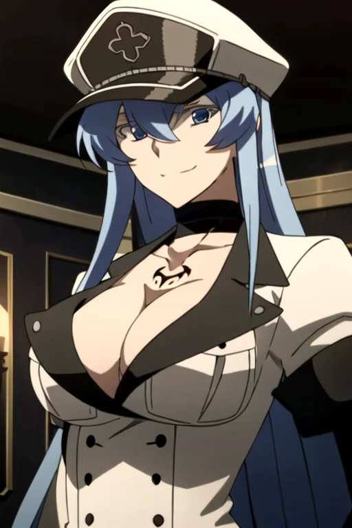 Esdeath, smile, breasts, large breasts, hat, cleavage, choker, hair between eyes, uniform, military, military uniform, tattoo, peaked cap, chest_tattoo, indoors, (simple dark background)