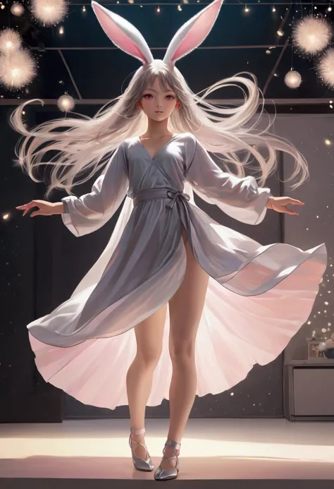 ((Inspired by Naoki Urasawa))，Lovely(1 Dancer:1.3),  fluffy rabbit ears, Light pink eyes, Silver long hair, Floating clothes, Charming pose, bedroom, Pastel colors,Bright Lights, (Extremely detailed CG 8k wallpaper),  (masterpiece), best quality