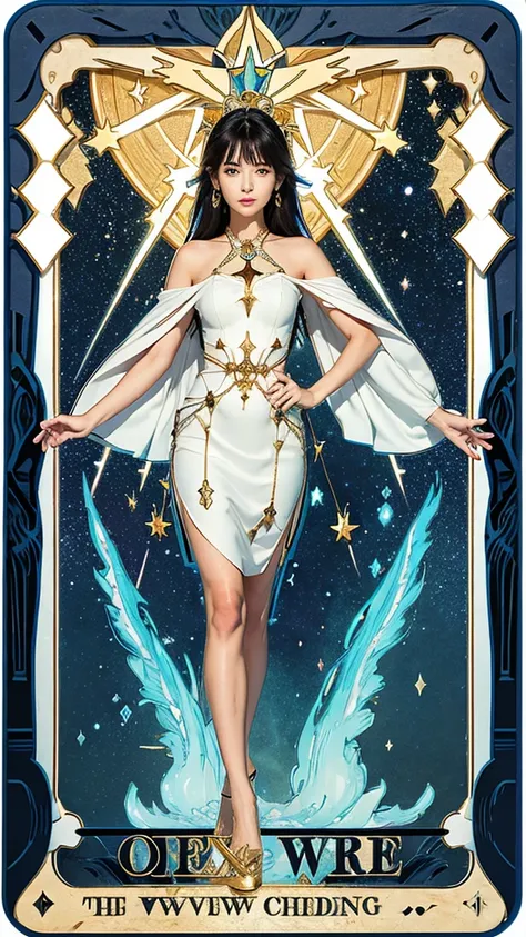 "A powerful woman stands confidently, embodying the essence of the Tarot card The Star. She exudes a cool aura, with her eyes leaving behind a trail of afterglow. The background is filled with stars, symbolizing hope and guidance."