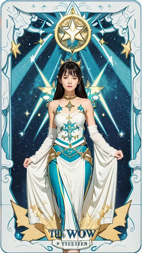 "A powerful woman stands confidently, embodying the essence of the Tarot card The Star. She exudes a cool aura, with her eyes leaving behind a trail of afterglow. The background is filled with stars, symbolizing hope and guidance."