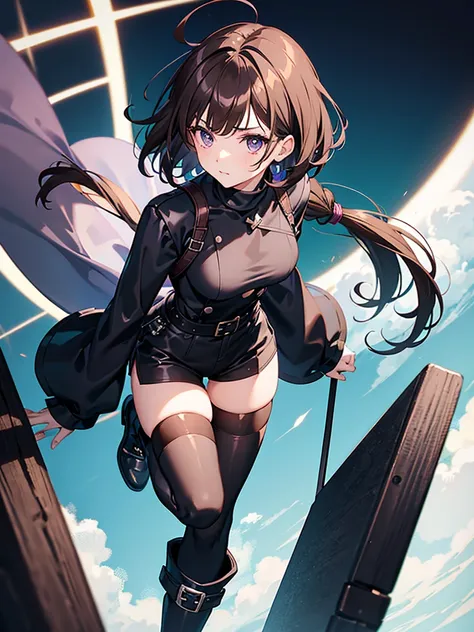 Anime girl, violet eyes, beauty mark under right eye, (short messy brown hair), one-sided fringe, two strands of hair trailing down each cheek framing face, ahoge on top of head. Black long-sleeved turtleneck shirt, black shorts, garter on left thigh, blac...