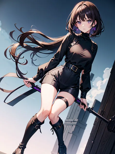 Anime girl, violet eyes, beauty mark under right eye, (short messy brown hair), one-sided fringe, two strands of hair trailing down each cheek framing face, ahoge on top of head. Black long-sleeved turtleneck shirt, black shorts, garter on left thigh, blac...