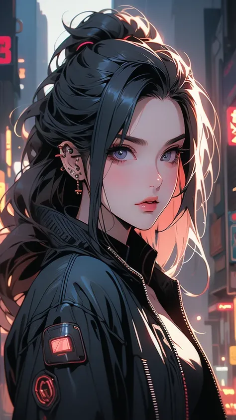 Beautiful cyberpunk girl in black leather jacket, flowing silky hair, detailed face, beautiful detailed eyes, piercing eyes, neon city background, cinematic lighting, complex technology, glowing technical elements, masterpiece