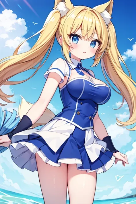 Highest quality,masterpiece,Blonde with blue eyes、Cheerleader、foxtail,foxear,Beautiful breasts、Twin tails、Girl&#39;s cute eyes,(BaseballStadium1.1,),,jumping,under boob,enjoy,