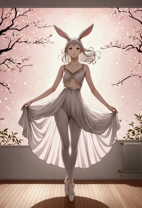 ((Inspired by Takato Yamamoto))，Lovely(1 Dancer:1.3), fluffy rabbit ears, Light pink eyes, Silver long hair, Floating clothes, Charming pose, bedroom, Pastel colors,Bright Lights, (Extremely detailed CG 8k wallpaper), (masterpiece), best quality