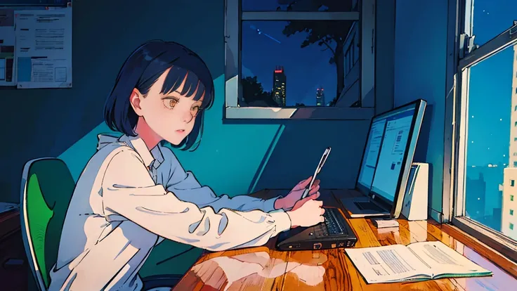 a girl in lofi style at a table with a computer facing a window studying, it&#39;s raining, It&#39;s 5 o&#39;clock in the morning, a mug of coffee next to the computer, she is wearing warm clothes in cold weather, socks and cold cap, a cute cat next to her...