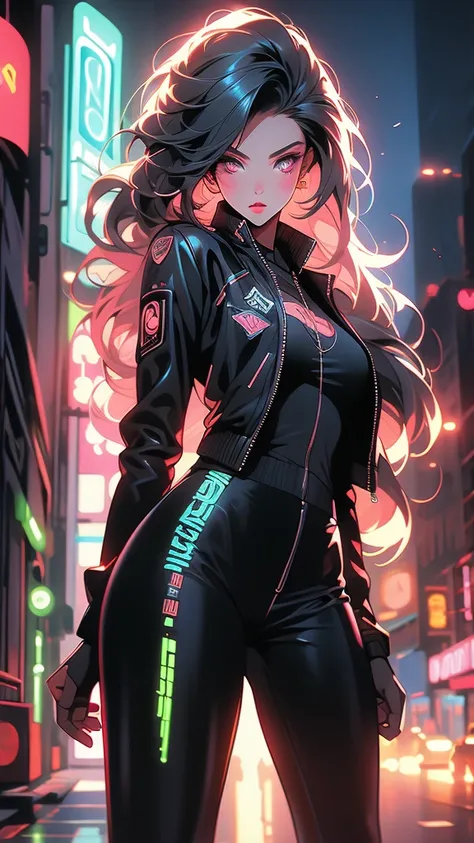 Beautiful cyberpunk girl in black leather jacket, flowing silky hair, black tight leggings, red sneakers, pop punk style, neon shading effect, luminescent neon outline effect, detailed face, beautiful detailed eyes, piercing eyes, posing, neon city backgro...