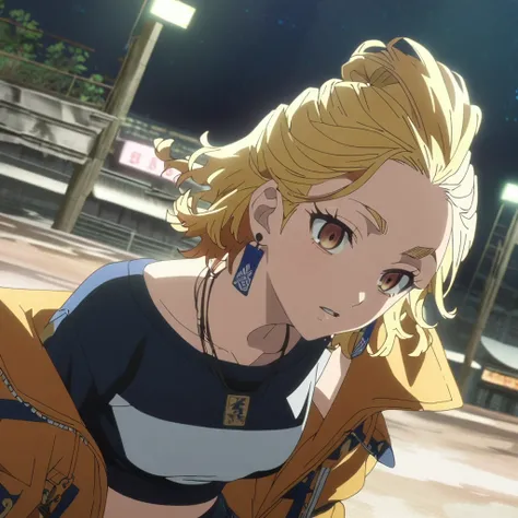 1women, adult ((Mikey from Tokyo revengers, Tokyo Revengers anime screencap)), anime screencap, solo, (long yellow hair, slicked hair from one side) (brown eyes) ((hanging breast)) smile,parted lips looking_at_viewer, upper body,  night, outdoor, bangs, up...