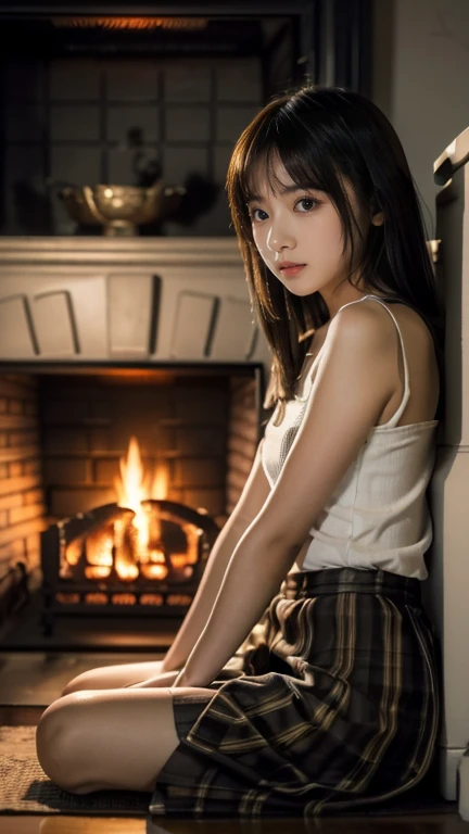 (((10 year old girl))), (((in dark cabin at night))), (((warming herself by fireplace))), Japanese, cute, dark, bobbed hair, (((staring blankly at fireplace))), (((not looking at viewer))), straight face, no smile, uneasy profile, trainers and very short m...