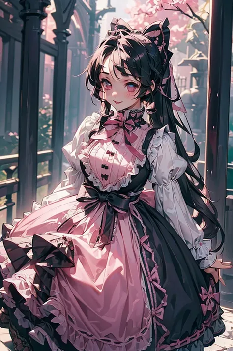 (((beautiful))), (((Gothic Lolita, dress, Gothic Lolita))), ((Black Hair, ponytail, Pink ribbon)), (((Intricate details))), High resolution, ((Intricate details, Ultra-detailed)), whole body, Are standing, looking at the camera, Red cheeks, smile, garden