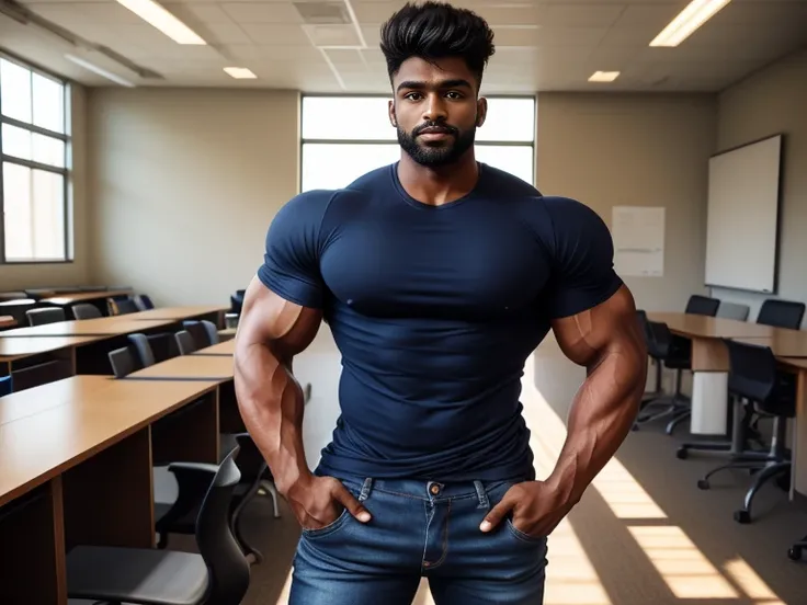 Two person in one photo, standing together, two 20 years old indian little beard mascular dark skin jaat with spiky hairstyle wetty open tee with sweat, Full body, indian college boy, tight jeans, vpl , captivating large eyes, large lips, volumeric light, ...