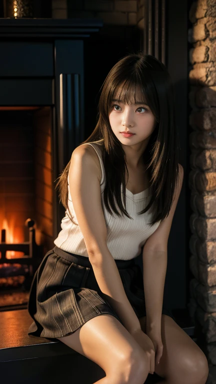 (((10 year old girl))), (((in dark cabin at night))), (((warming herself by fireplace))), Japanese, cute, dark, bobbed hair, (((staring blankly at fireplace))), (((not looking at viewer))), straight face, no smile, uneasy profile, trainers and very short m...