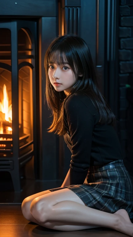 (((10 year old girl))), (((in dark cabin at night))), (((warming herself by fireplace))), Japanese, cute, dark, bobbed hair, (((staring blankly at fireplace))), (((not looking at viewer))), straight face, no smile, uneasy profile, trainers and very short m...