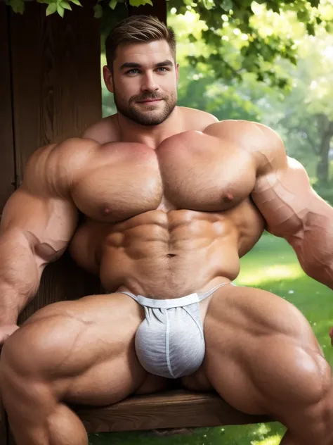 realistic, park, young, sunny day, dark blonde-haired male figure with well-defined, hyper-realistic musculature (muscle definition:1.4). Chest and abdominal muscles appear toned and chiseled, with visible fibers and striations (chest muscles:1.6). Skin ha...