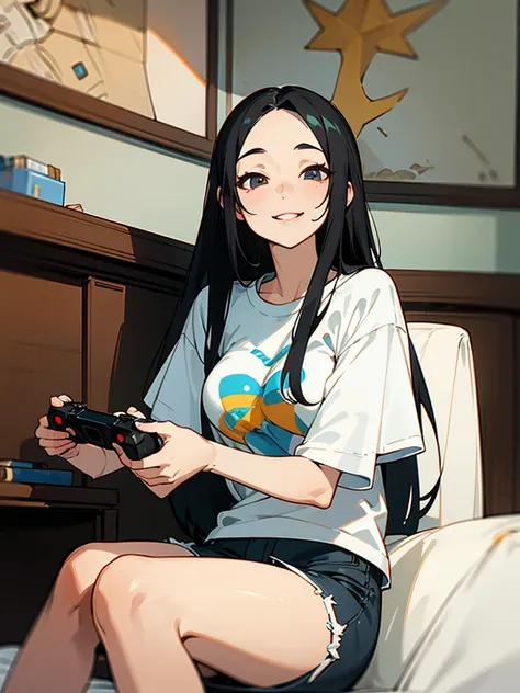 {best quality}、My room in white tones、Long Black Hair、forehead、2５Old woman、beautiful breasts beautiful breasts、Sitting and playing video games with a game controller、openmouth、A triumphant smile、oversized t-shirt、shorts、cowboy shot、Low angle