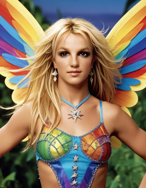 britney spears in a rainbow dress is flying over the blue rainbow sky, beautiful fairy, rainbow wings, beautiful fairy adulta, b...