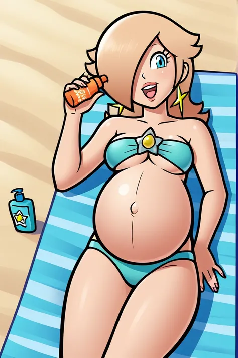 score_9, score_8_up, 1girl, solo, rosalina, style parody, thick outlines, bikini, pregnant belly, big belly, sleeveless, strapless, cleavage, beach, happy, showing his belly, spreading sunscreen