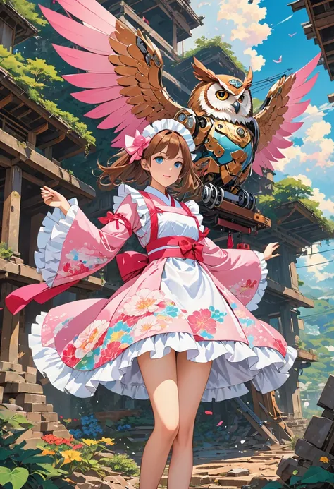 (masterpiece, best quality:1.1), (ultra highres, ultra-detailed:1.2),flatcolor,one girl,tween,short hight,(found a giant fuurin(japanese wind chime)),(wearing japanese maid costume),eyes glow pink,has mecha wings,owl symbol, BREAK in mechanical ruins,absur...