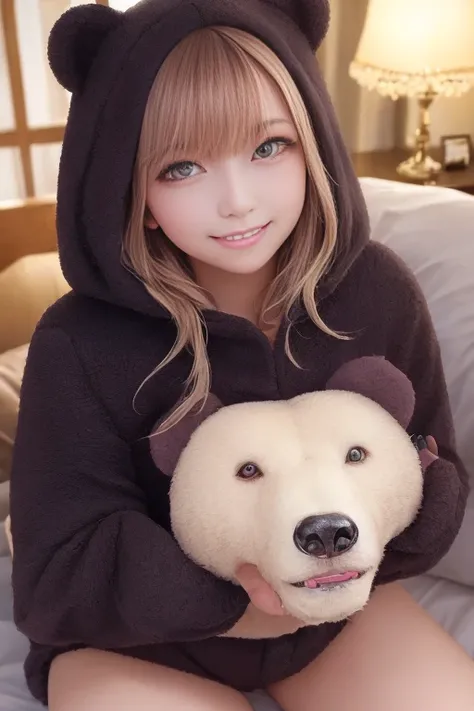 beautiful, (masterpiece), Highest quality, (extremely detailed face), extremely detailed eyes,  Perfect lighting, 全体detailed, detailed, Deep Skin,Textured skin,
,bear costume ,black bear costume, Long sleeve, Wear a hood,,mallow , Long Hair, Green Eyes, Bi...