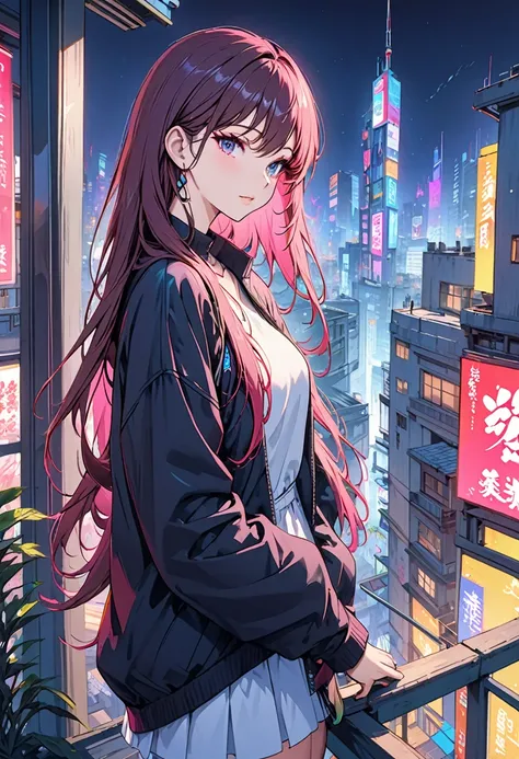 Masterpiece High resolution One beautiful girl City night neon On top of a building Cyberpunk Long hair