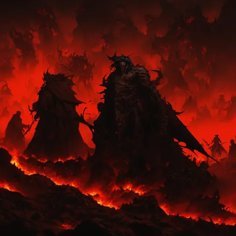 there are two people dressed in black standing in front of a red sky, the final battle in hell, an ominous fantasy illustration, abaddon and magali villeneuve, gerald brom and vincent di fate, hell scape, jeff easley and scott m fischer, hell background, d...