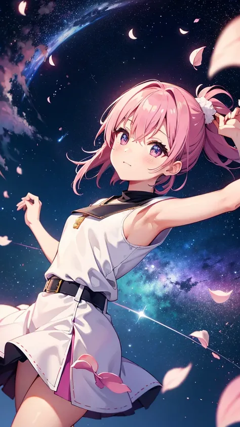 Sky background with sakura petals, space fantasy landscape