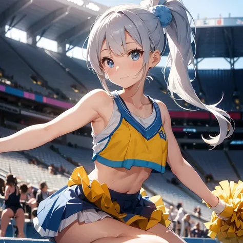 An illustration of a young cheerleader with silver hair tied up in a high ponytail, adorned with a pom-pom hair accessory. She has bright blue eyes and a playful expression, and she is wearing a cheerleading outfit consisting of a blue and white sports bra...