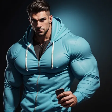 a very handsome, massively muscular man with massively large muscles, wearing a simple light blue hoodie, on a black background holding a phone