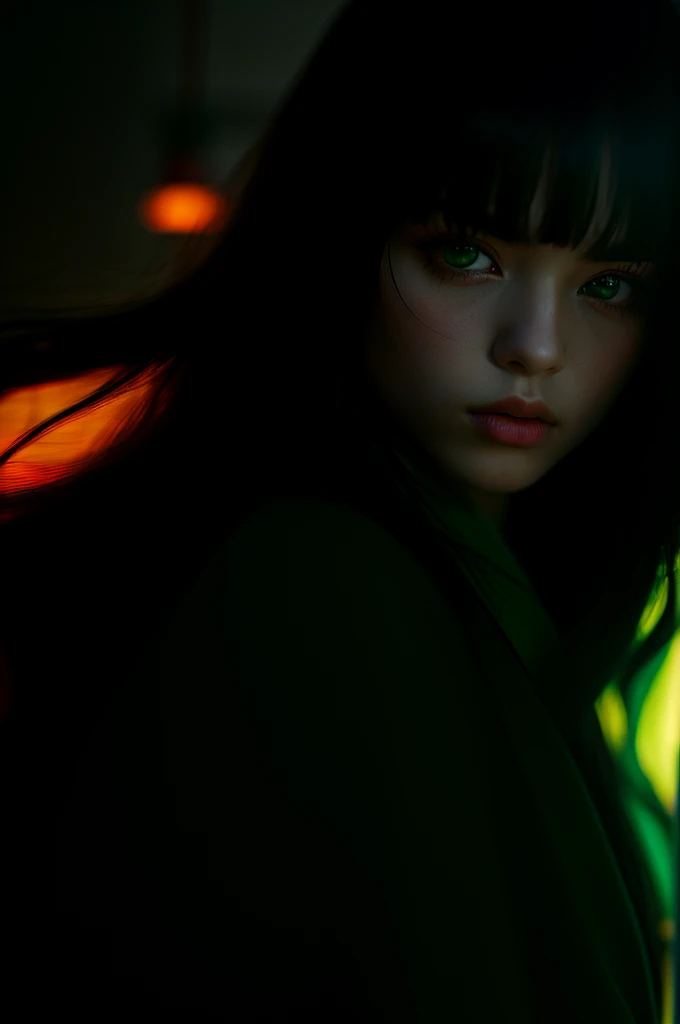 i want the whole image to be created in 3D anime style, solo, long hair, looking at viewer, bangs, black hair, 1boy, hair between eyes, closed mouth, green eyes, male focus, multicolored hair, japanese clothes, lips, eyelashes, portrait, close-up, haori, d...