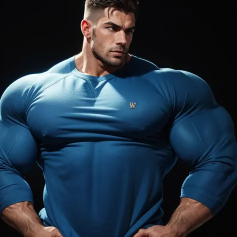 a very handsome, massively muscular man with massively large muscles, wearing a simple blue sweatshirt, on a black background