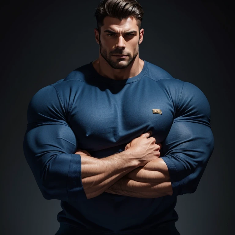 a very handsome, massively muscular man with massively large muscles, wearing a simple blue sweatshirt, on a black background