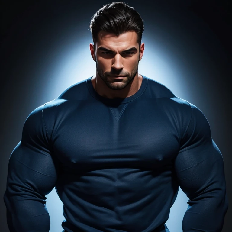 a very handsome, massively muscular man with massively large muscles, wearing a simple blue sweatshirt, on a black background