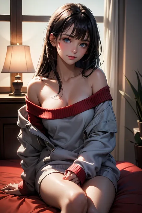 Masterpiece, best quality, high resolution, ultra detailed, slight smile, a woman long dark hair with bangs, light blue eyes, a beautiful girl looking at the camera, Frontal view, ((off-the-shoulder light red sweater,)) bare legs, night, warm interior room...